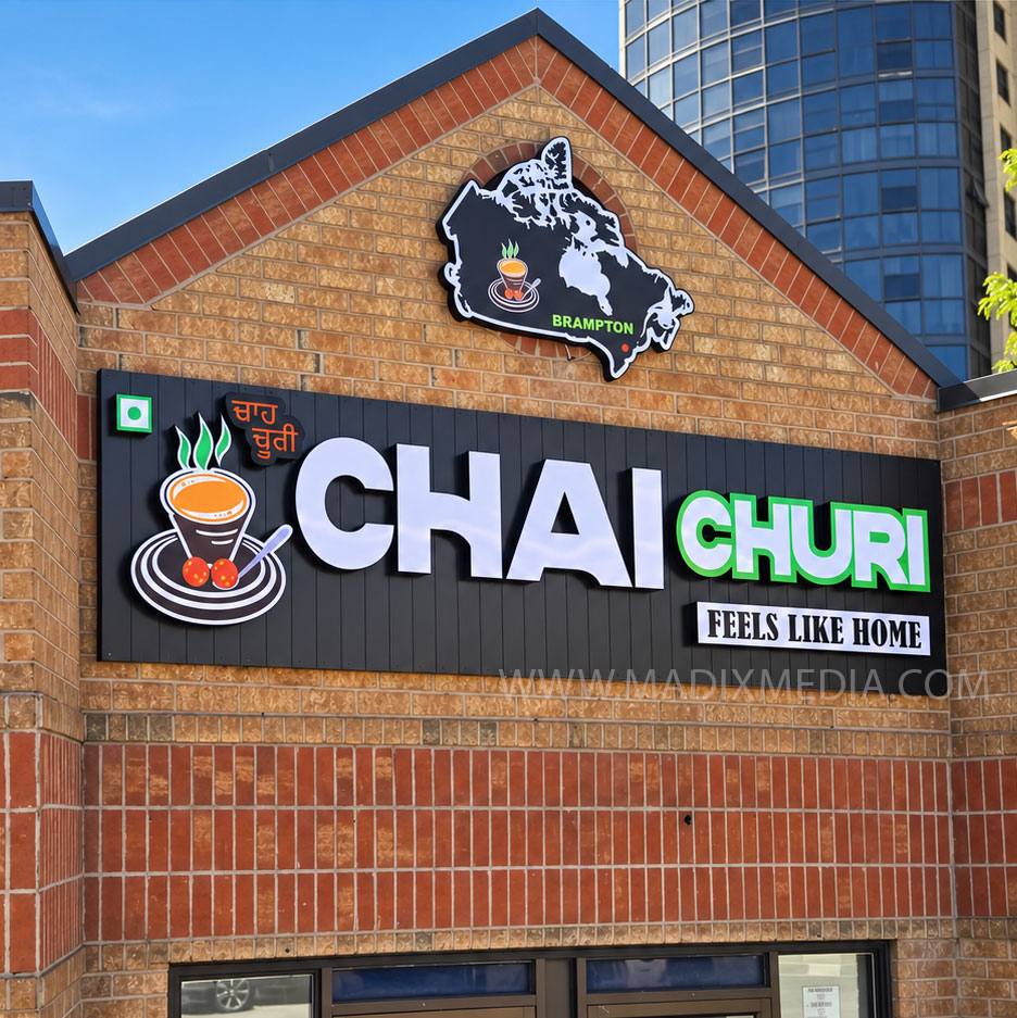 Storefront sign with dimensional letters on a brick building in Brampton